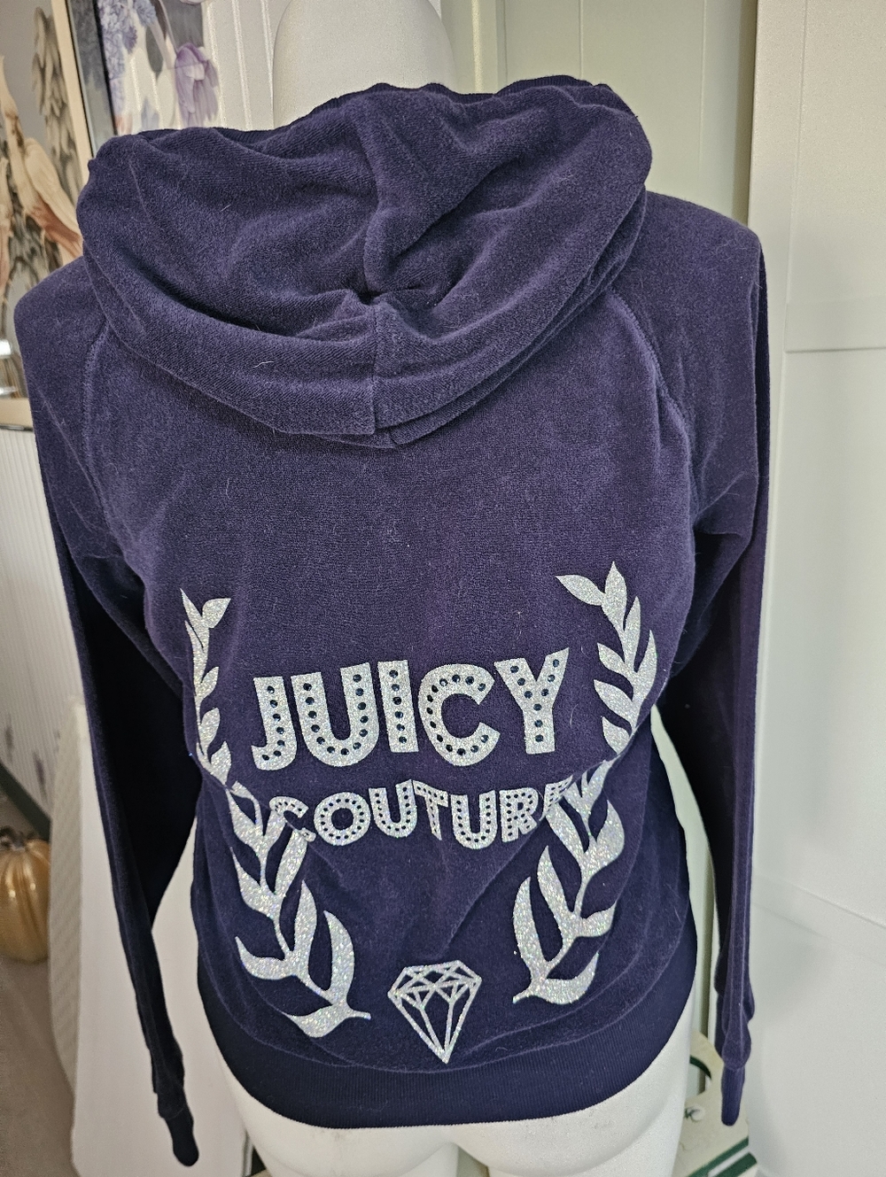Vtg Juicy Couture Navy Velour Hoodie Zip Up Bling Rhinestone Y2K McBling XL EUC